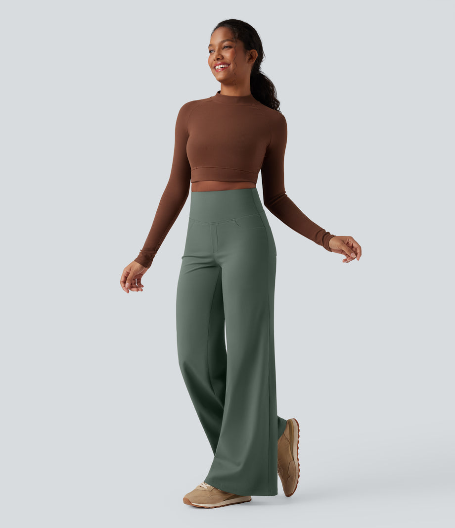 DayStretch High Waisted Tummy Control Wide Leg Baggy Yoga Pants with Pockets - Deep Aquamarine