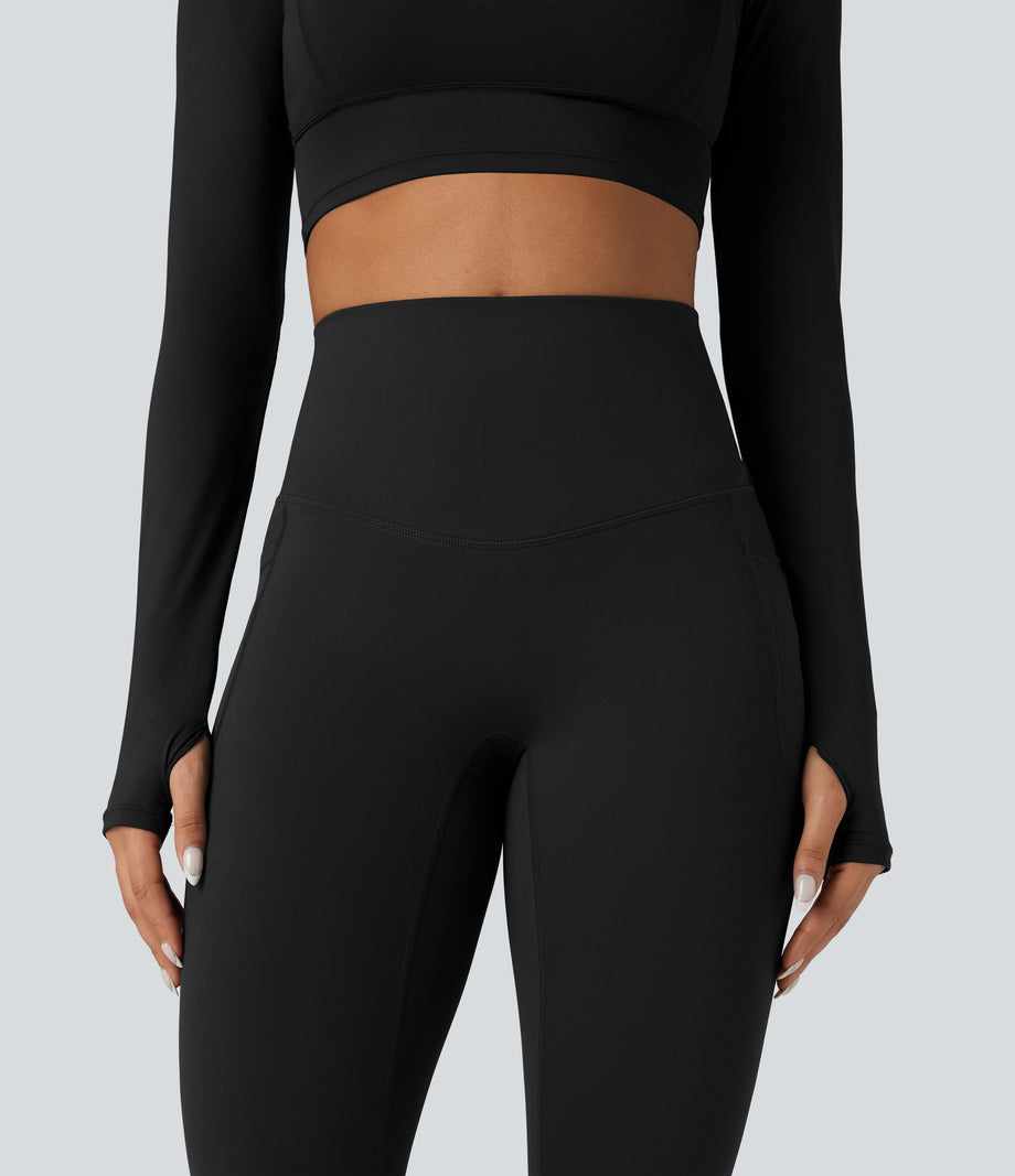 Halara Ultrasculpt™ Heat High Waisted Tummy Control Crossover Back Fleece Running Leggings with Pockets - Black
