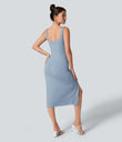 SoftlyZero™ Airy Square Neck Backless Corset Ruched Split Bodycon Midi Cool Touch Bridesmaid and Wedding Guest Dress - Snowflake Blue