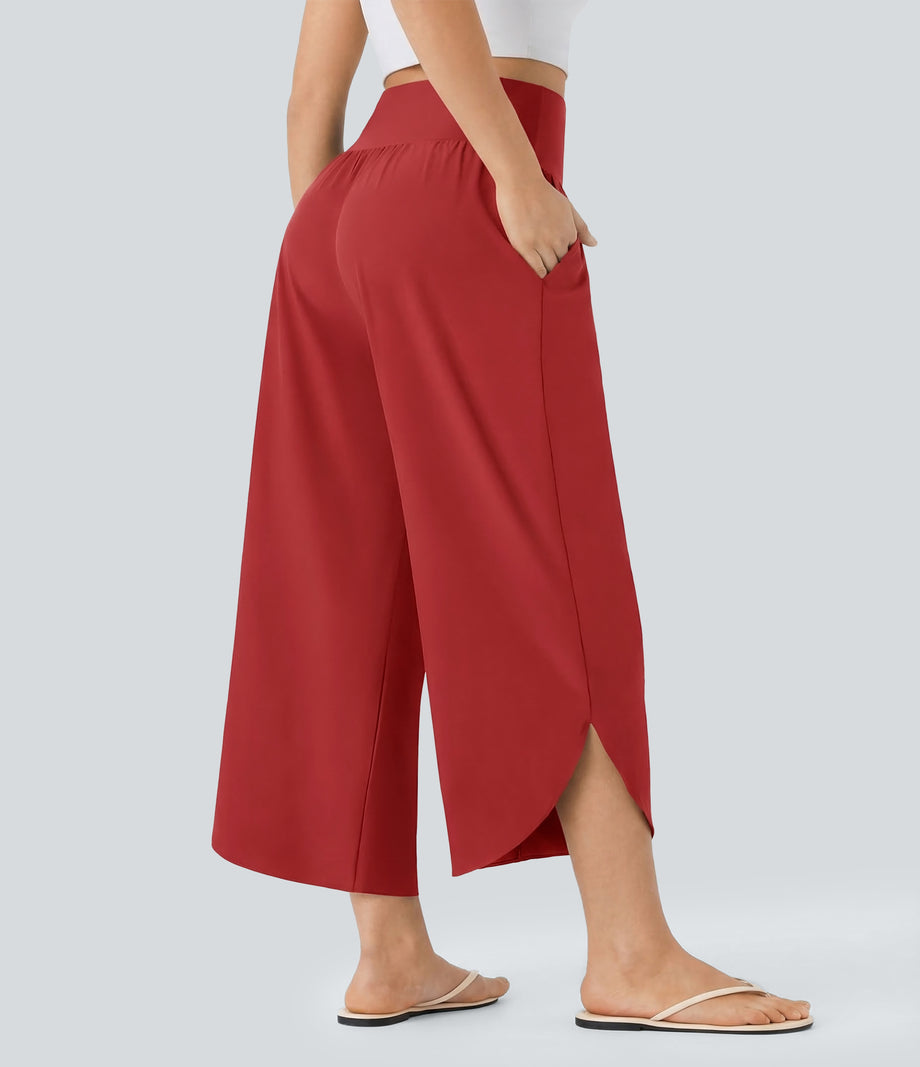 Breezeful™ High Waisted Tummy Control Split Hem Quick Dry Resort Pants with Pockets - Pompeian Red