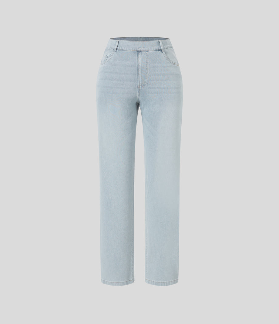 Halara Flex™ High Waisted Pockets Straight Leg Washed Casual Jeans - Light Azure Denim