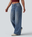 Halara Flex™ Low Rise Zipper Pockets Washed Baggy Wide Leg Casual Jeans - Blue Surf Denim