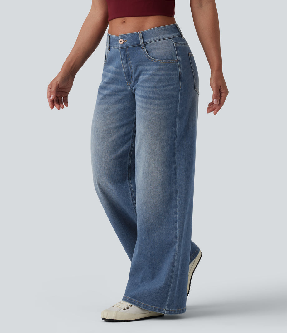 Halara Flex™ Low Rise Zipper Pockets Washed Baggy Wide Leg Casual Jeans - Blue Surf Denim