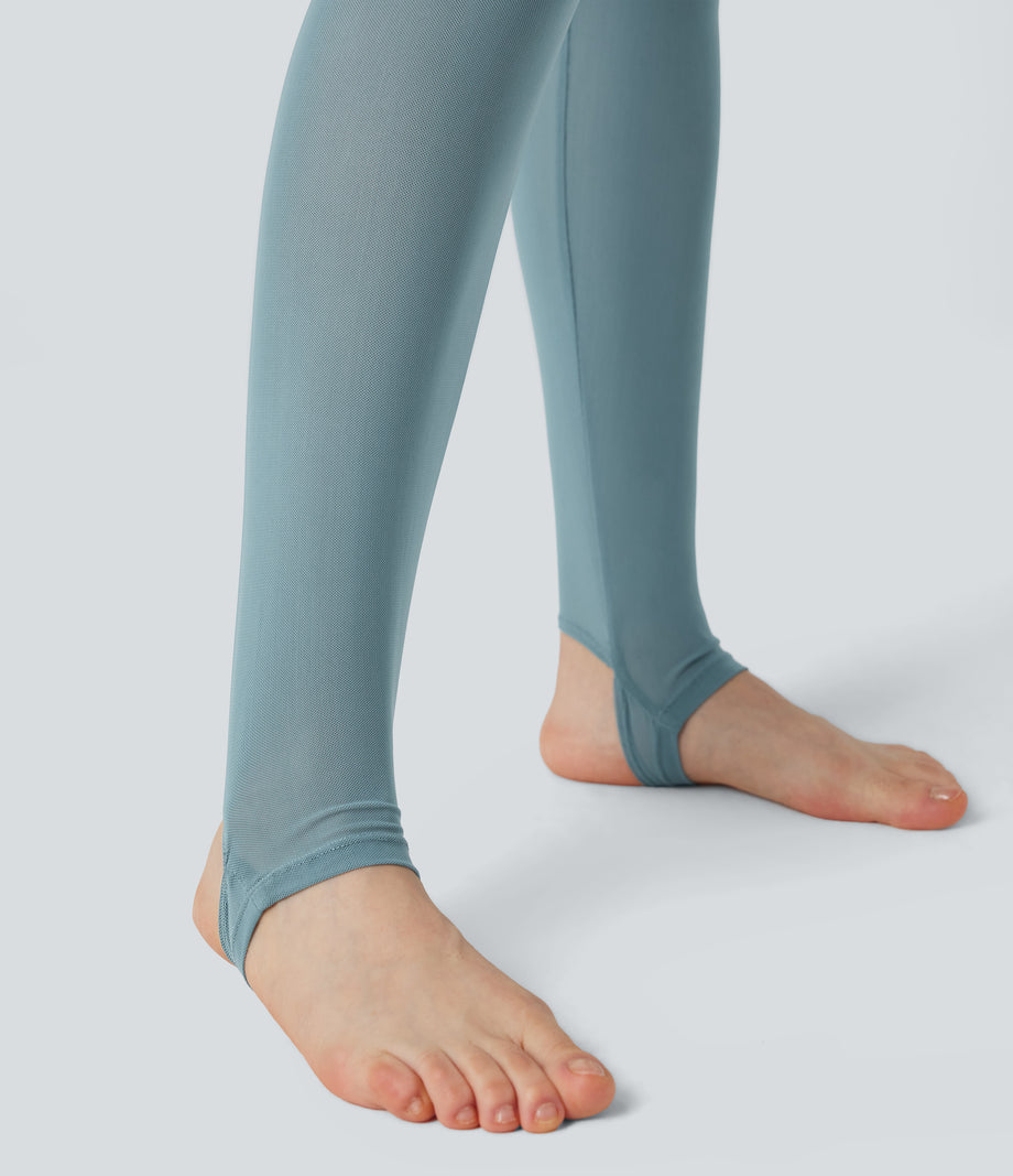 Breezeful™ High Waisted Pleated 2-in-1 Contrast Mesh Quick Dry Dance Stirrup Skirted Leggings with Pockets - Stone Blue