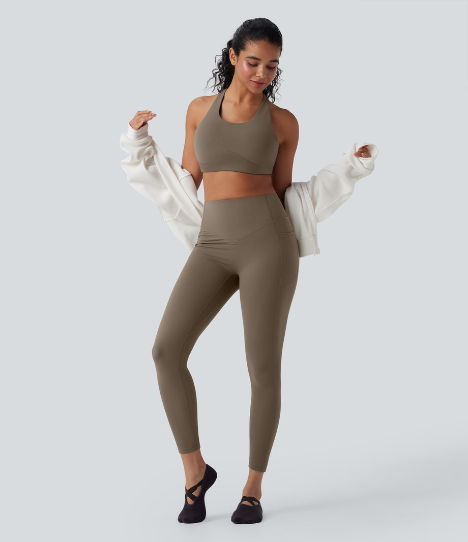 Halara UltraSculpt™ High Waisted Tummy Control Butt Lifting Ruched Pocket Shaping Yoga Leggings - Dawn Brown
