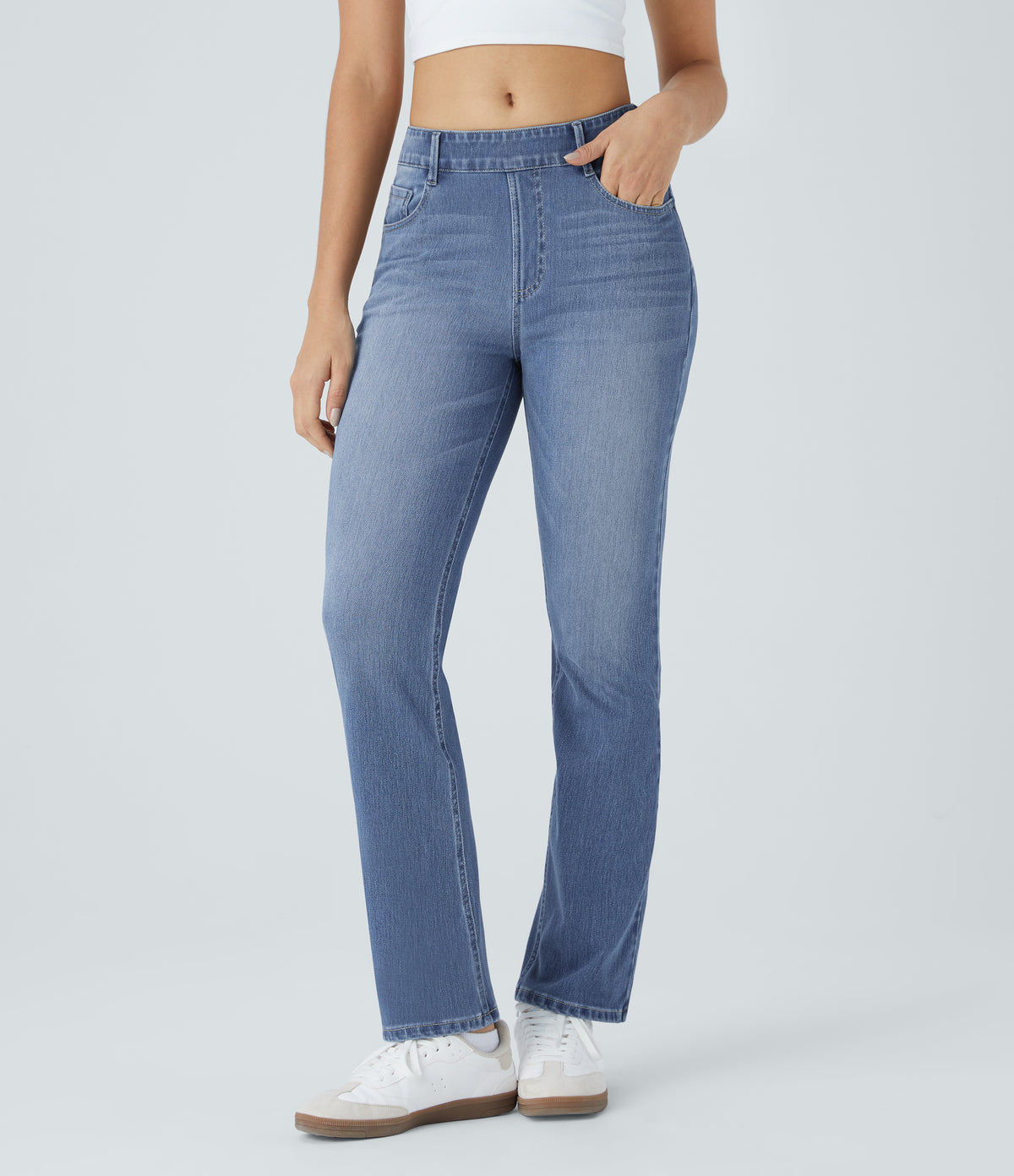 Halara Flex™ High Waisted Pockets Washed Casual Bootcut Jeans - Blue Spruce Denim