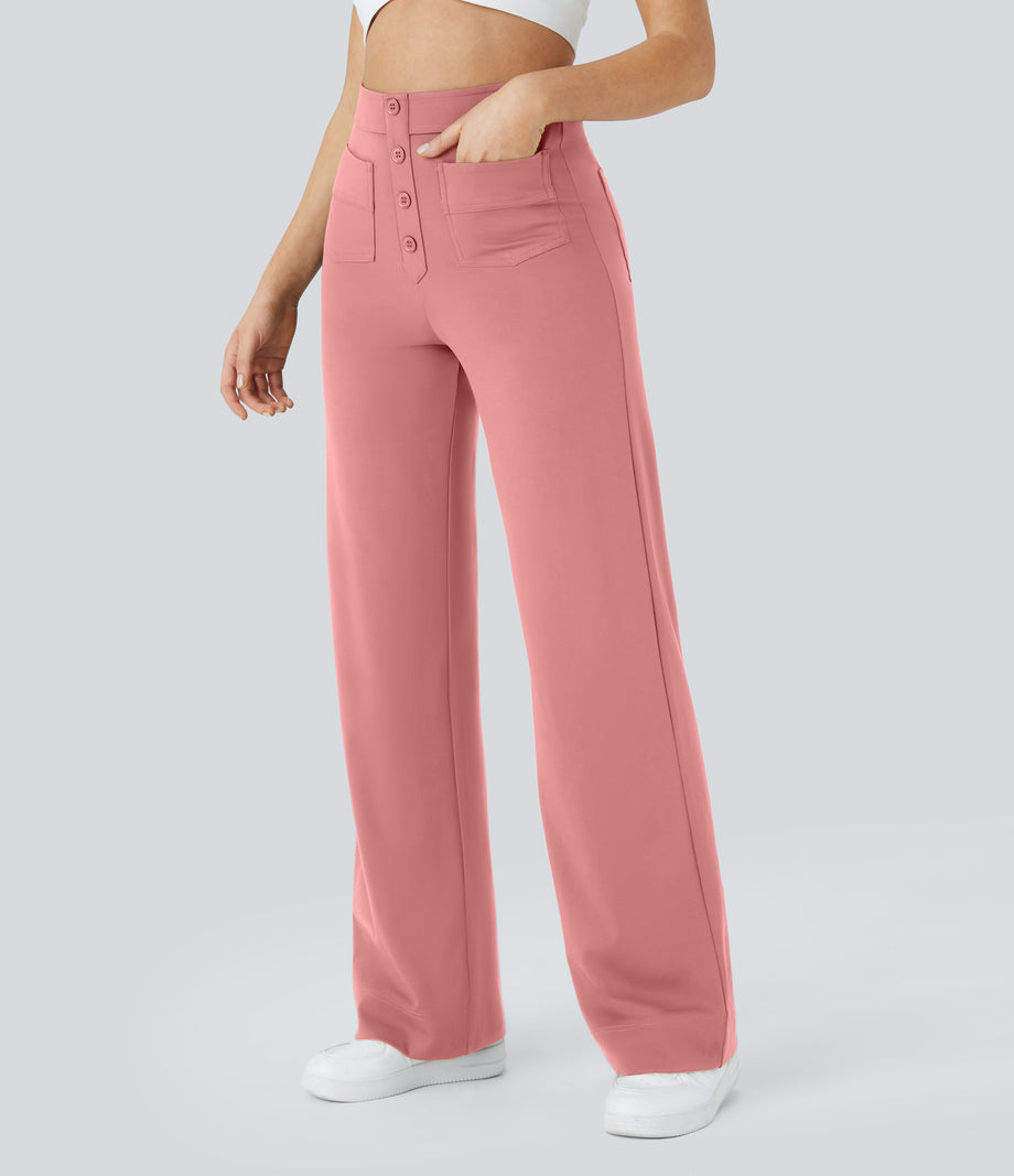 DayStretch High Waisted Pockets Straight Leg Casual Pants - Candy Pink