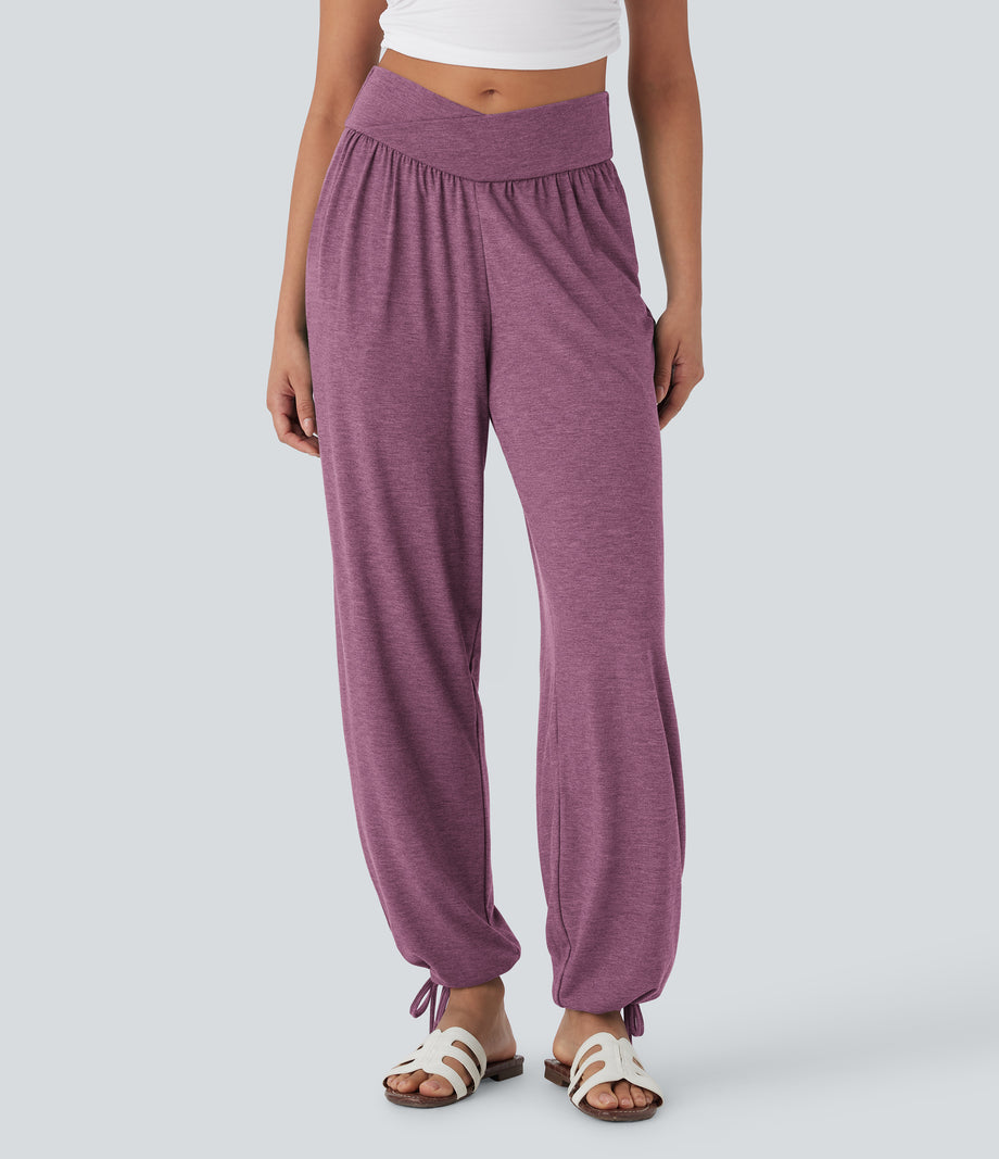 Crossover High Waisted Pocket Drawstring Casual Joggers - Red Violet Floral Yarn