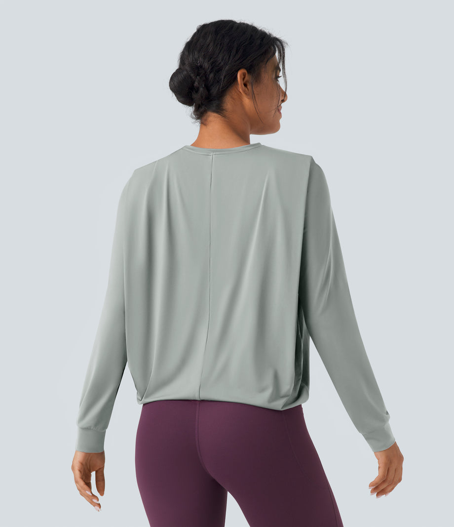 Round Neck Long Sleeve Ruched Yoga Sports Top-UPF50+ - Mirage Gray