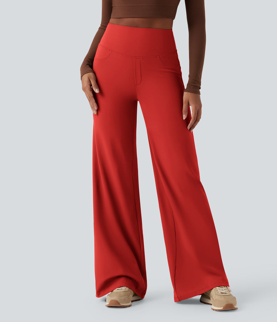 DayStretch High Waisted Tummy Control Wide Leg Baggy Yoga Pants with Pockets - Valiant Poppy