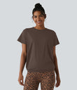 Round Neck Short Sleeve Ruched Cool Touch Yoga Sports Top-UPF50+ - Chocolate Martini