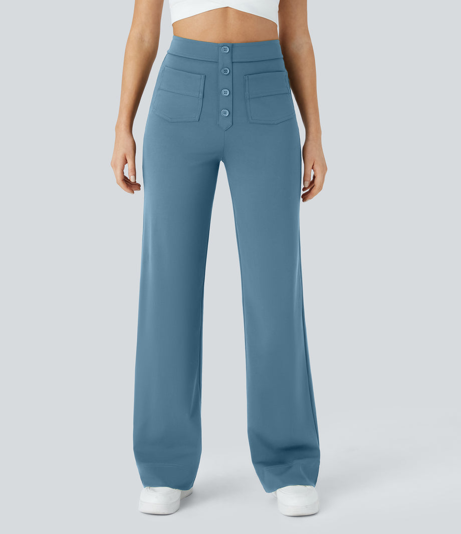DayStretch High Waisted Pockets Straight Leg Casual Pants - Warm Mid Blue