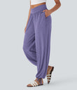 Crossover High Waisted Pocket Drawstring Casual Joggers - Light Purple Floral Yarn