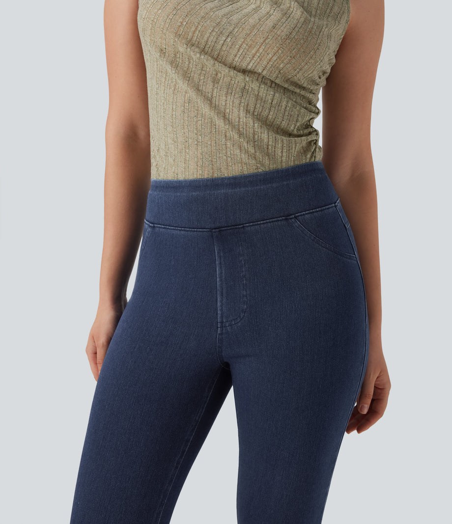 Halara Flex™ High Waisted Pocket Denim Capri Casual Leggings - Washed Denim Navy Blue