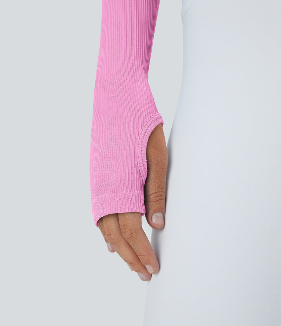 Ribbed Halter Strap Thumb Hole Cropped Yoga Sports Top - Soft Light Purple