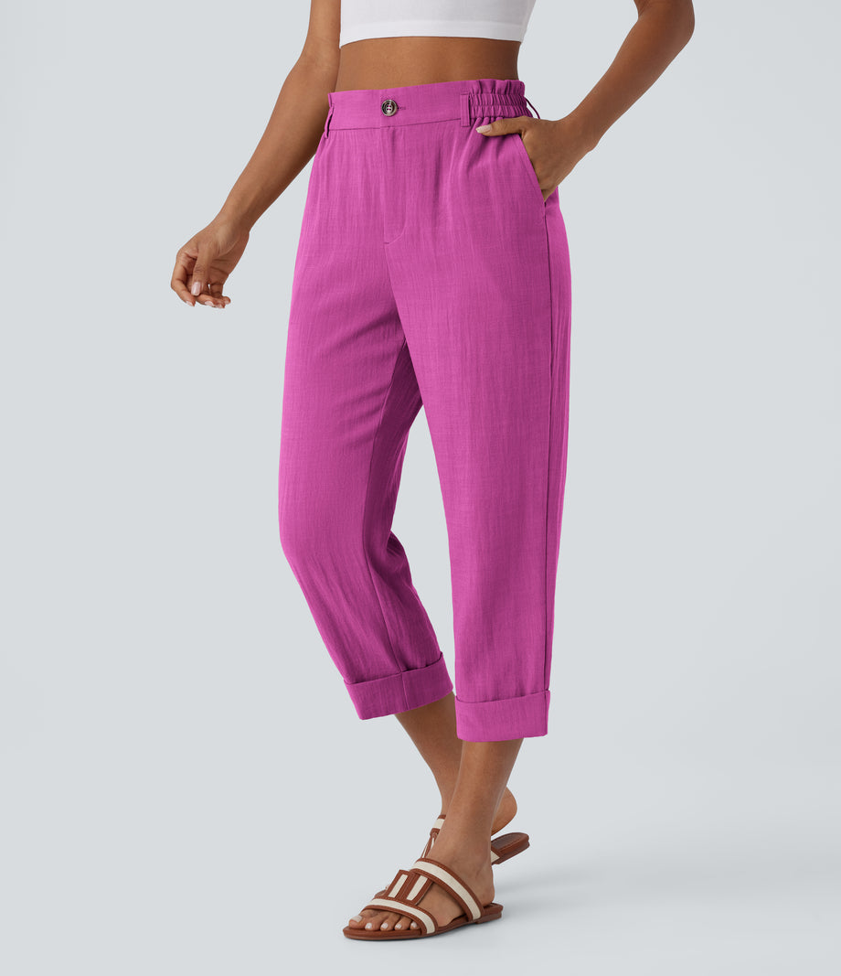 High Waisted Zipper Pocket Cropped Linen-Feel Pants - Rose Violet