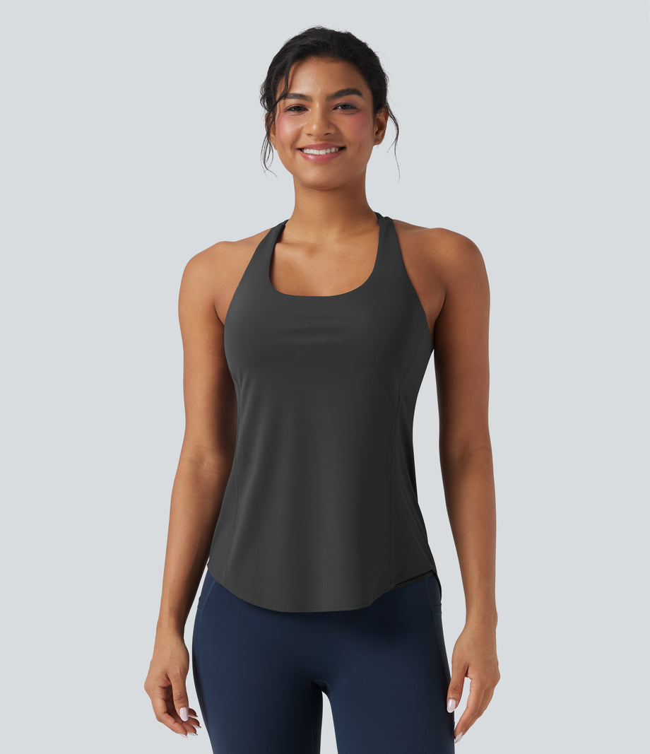 Halara UltraSculpt™ Round Neck Crisscross Back Running Tank Tops DD-F Cups - Volcanic Ash