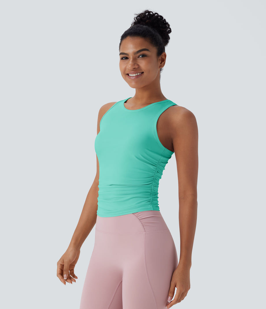 Round Neck Racerback Ruched Yoga Tank Top - Beveled Glass