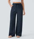 High Waisted Drawstring Pocket Wide Leg Baggy Casual Linen-Feel Pants - Dark Blue