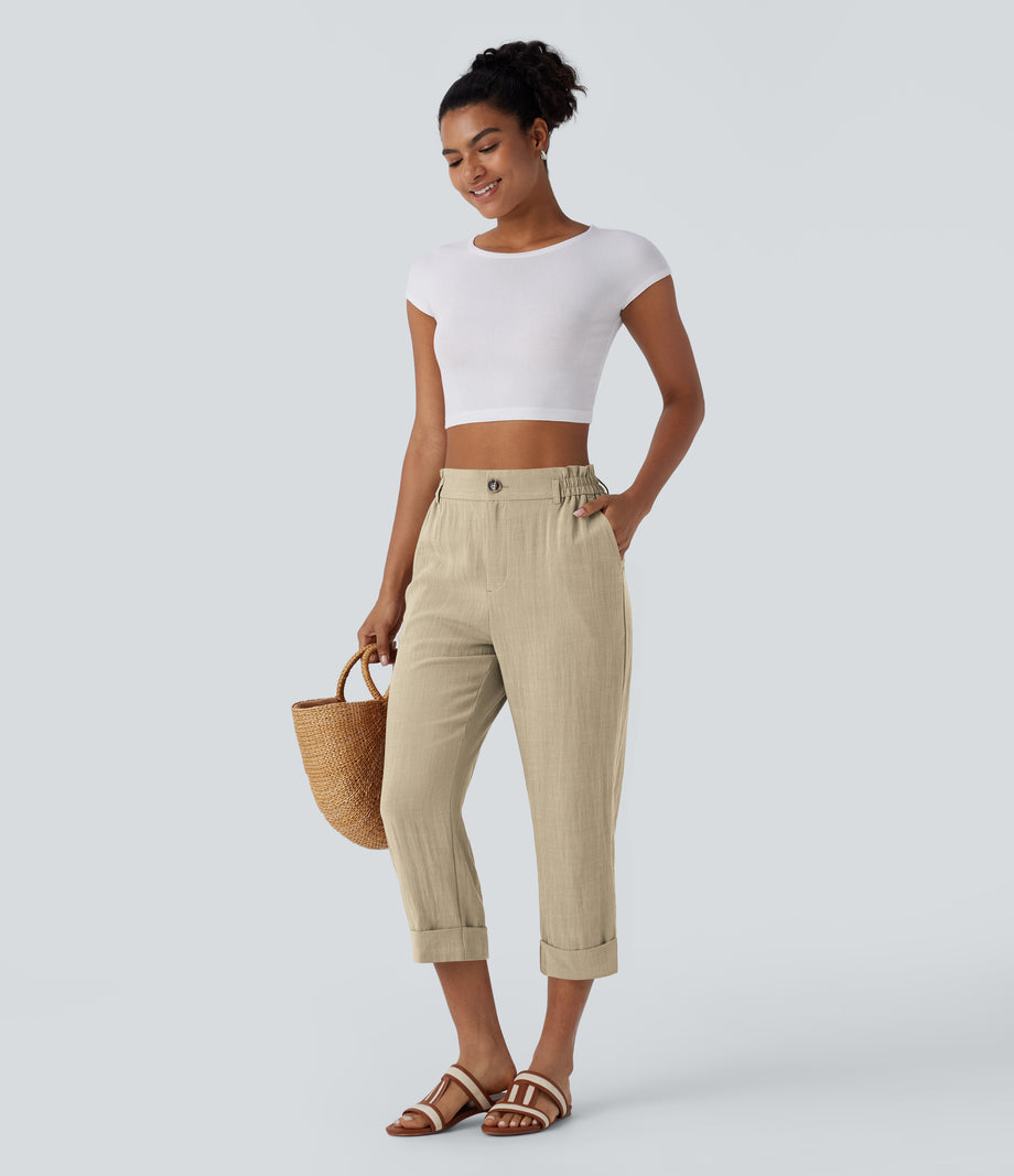 High Waisted Zipper Pocket Cropped Linen-Feel Pants - Fields of Rye