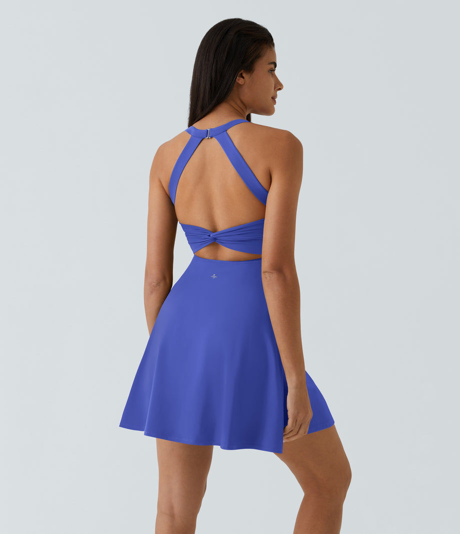 SoftlyZero™ Airy Backless Twisted Flare Low Support Dance Active Dress-Longer Length-Easy Peezy Edition A-D Cups - Aster Blue