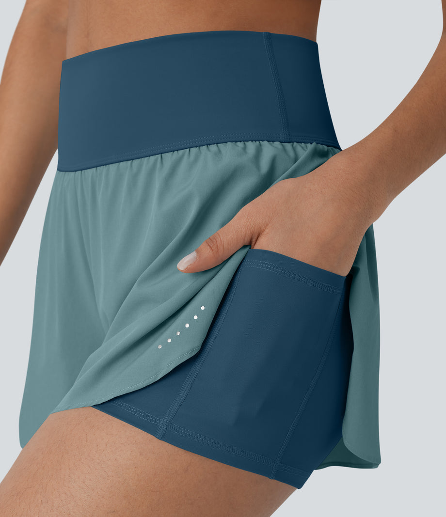 SoftlyZero™ QuickDry High Waisted Tummy Control Reflective Dots Crossover Hem 2-in-1 Running Shorts 3'' with Pockets - Dragonfly