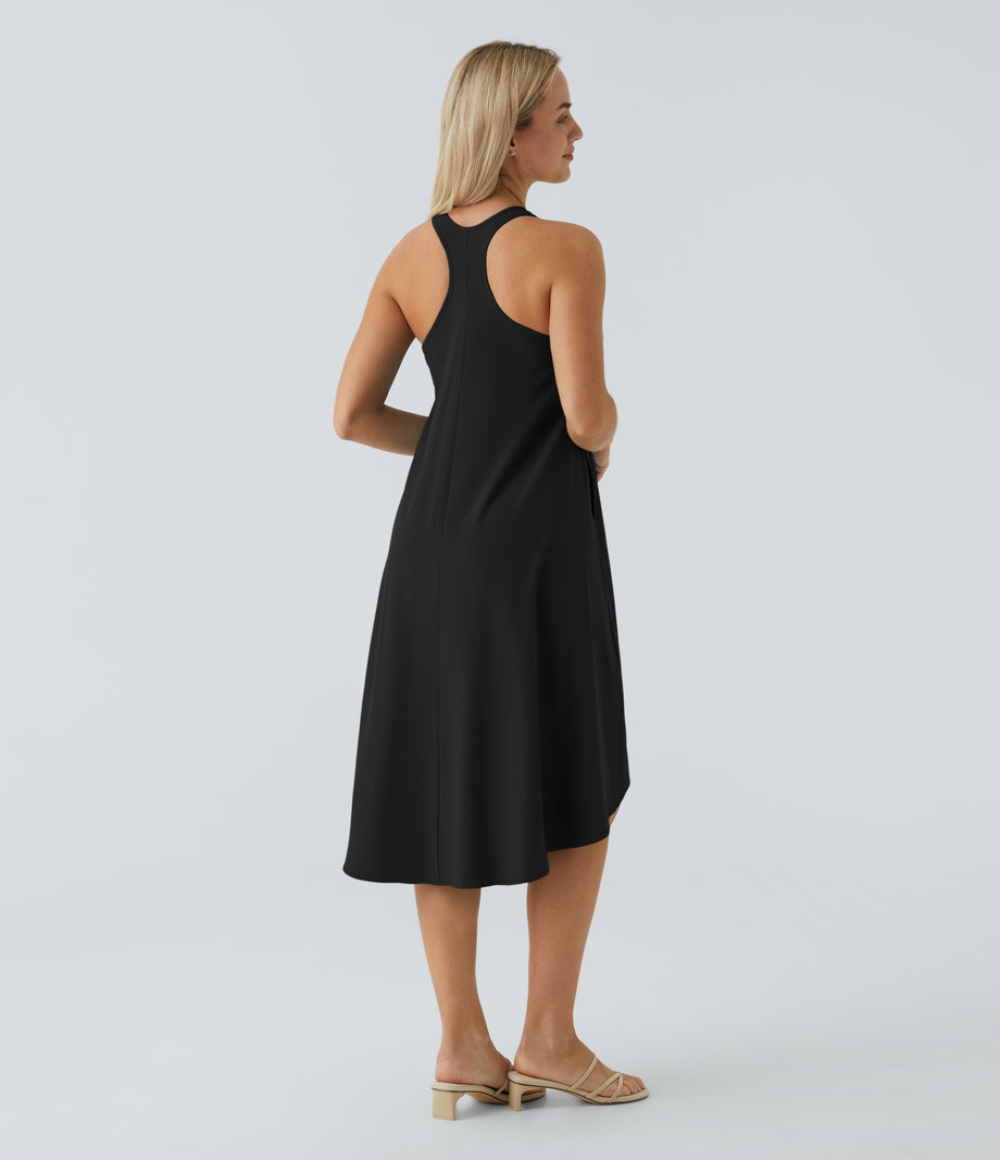 Breezeful™ Backless Racerback Side Pocket High Low Flowy Midi Quick Dry Casual Dress - Black