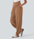 Crossover High Waisted Pocket Drawstring Casual Joggers - Pumpkin Orange Floral Yarn