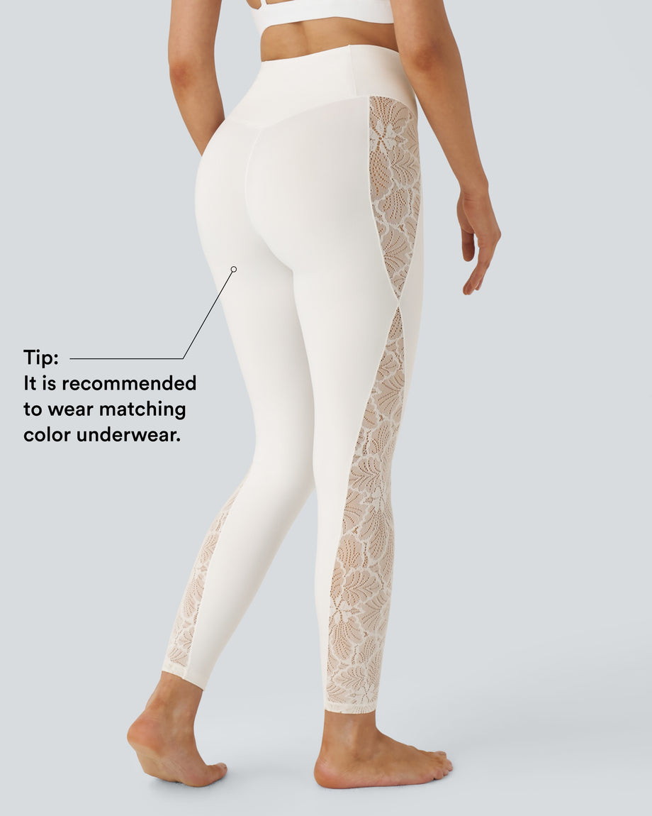 SoftlyZero™ High Waisted Crossover Contrast Lace Pocket Yoga Leggings-UPF50+ - White