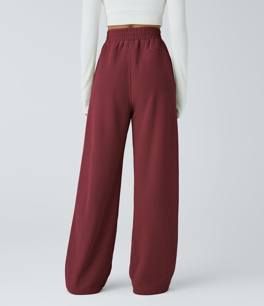 High Waisted Pocket Straight Leg Baggy Mop Corduroy Casual Pants - Burnt Russet