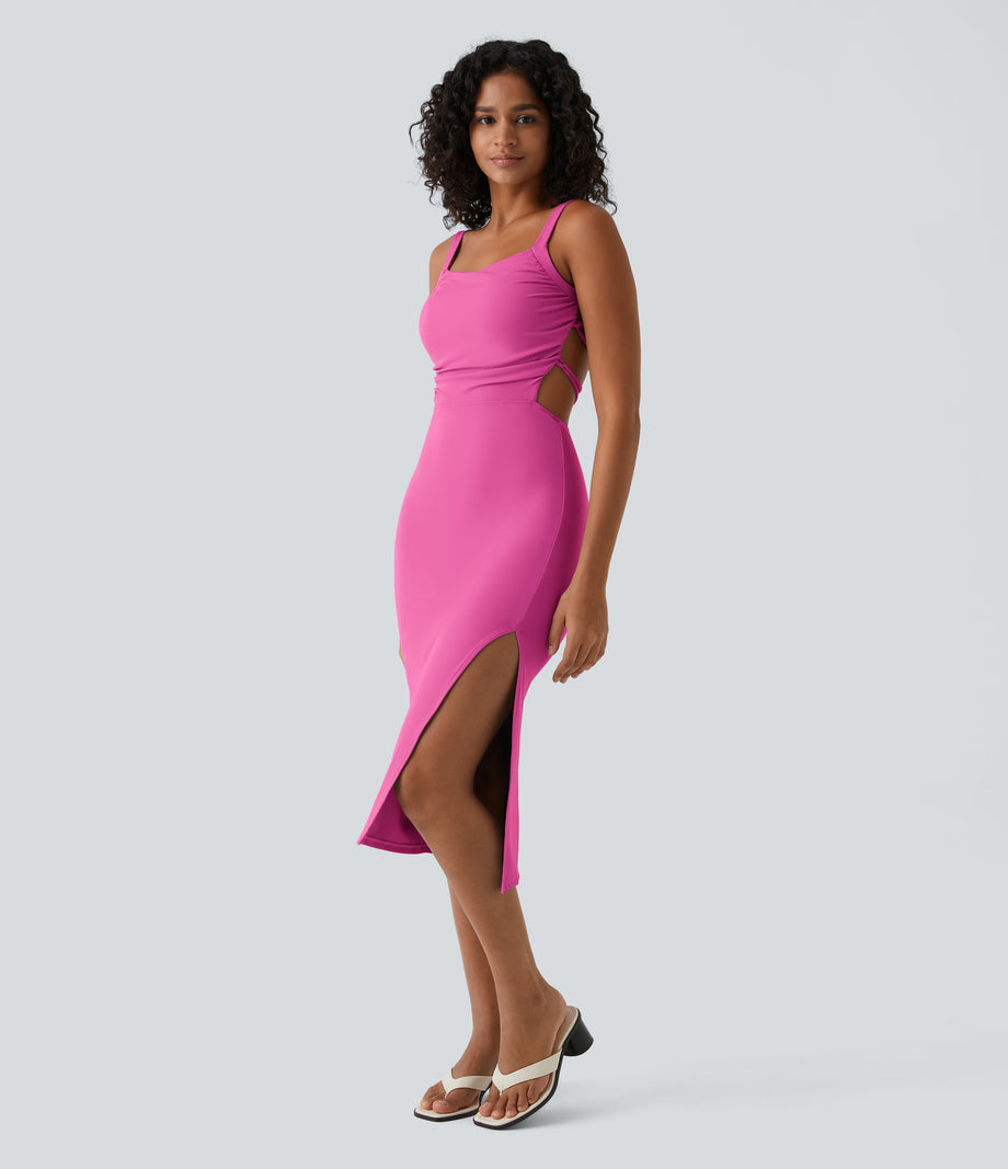 Ruched Lace Up Bodycon Midi Casual Dress - Fuchsia Fedora