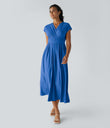 Breezeful™ V Neck Short Sleeve Pocket Tie Back Quick Dry Midi Casual Dress-Longer Length - Nebulas Blue