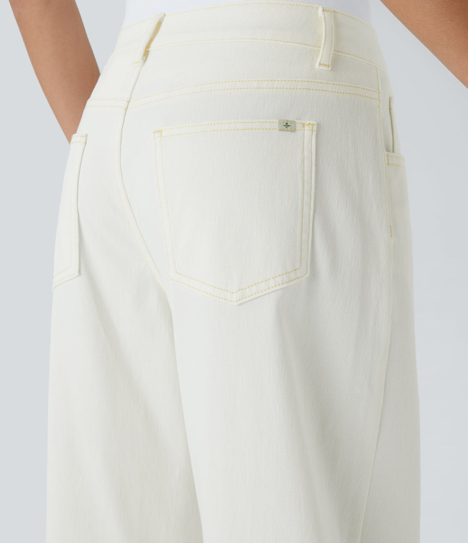 Halara Flex™ Low Rise Zipper Pockets Washed Baggy Wide Leg Casual Jeans - Beige Denim