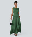 Ribbed Boat Neck Asymmetric Strap Ruched Pocket Flowy Maxi Casual Dress - Dark Verdant Green