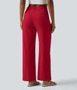 High Waisted Straight Leg Casual Linen-Feel Pants with Pockets - Cinnabar Glow Red
