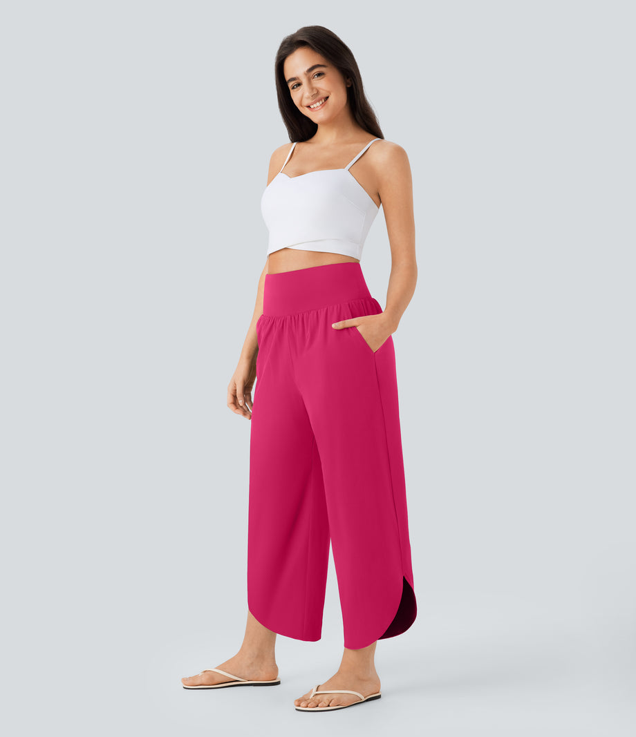 Breezeful™ High Waisted Tummy Control Split Hem Quick Dry Resort Pants with Pockets - Bright Rose