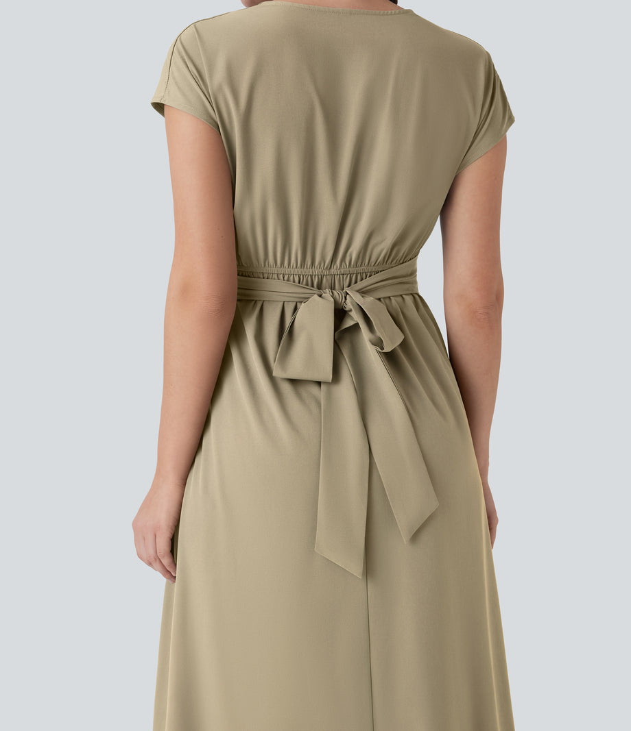 Breezeful™ V Neck Short Sleeve Pocket Tie Back Quick Dry Midi Casual Dress - Fields of Rye