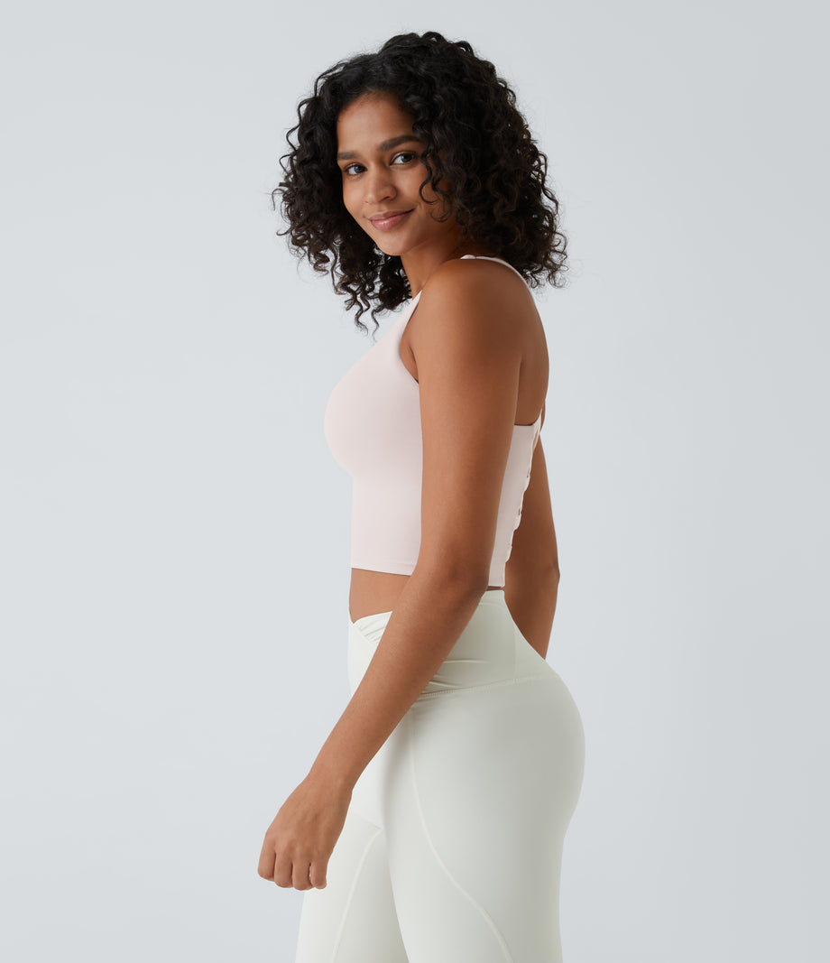 Crisscross Backless Built-in Bra Cropped Running Tank Top A-D Cups - Almost Mauve
