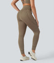 High Waisted Drawstring Striped Yoga Leggings with Pockets - Cedar Brown