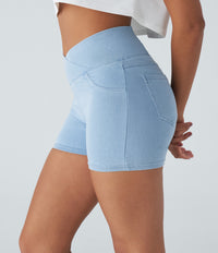 Halara Flex™ High Waisted Crossover Pocket Denim Casual Shorts 3" - Washed Denim Sunny Blue