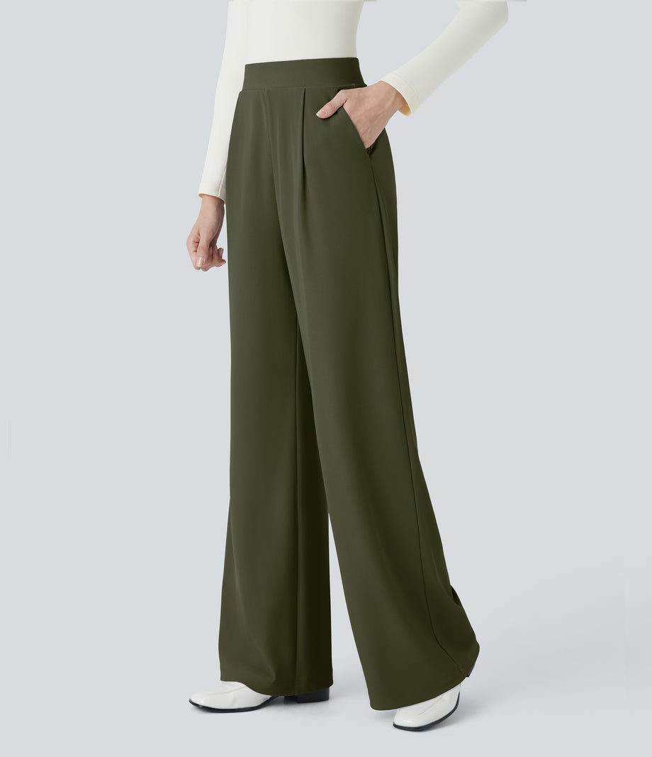Halara Flex™ High Waisted Body Sculpt Waist-Slimming Pocket Wide Leg Micro Waffle Work Pants - Lone Pine Green