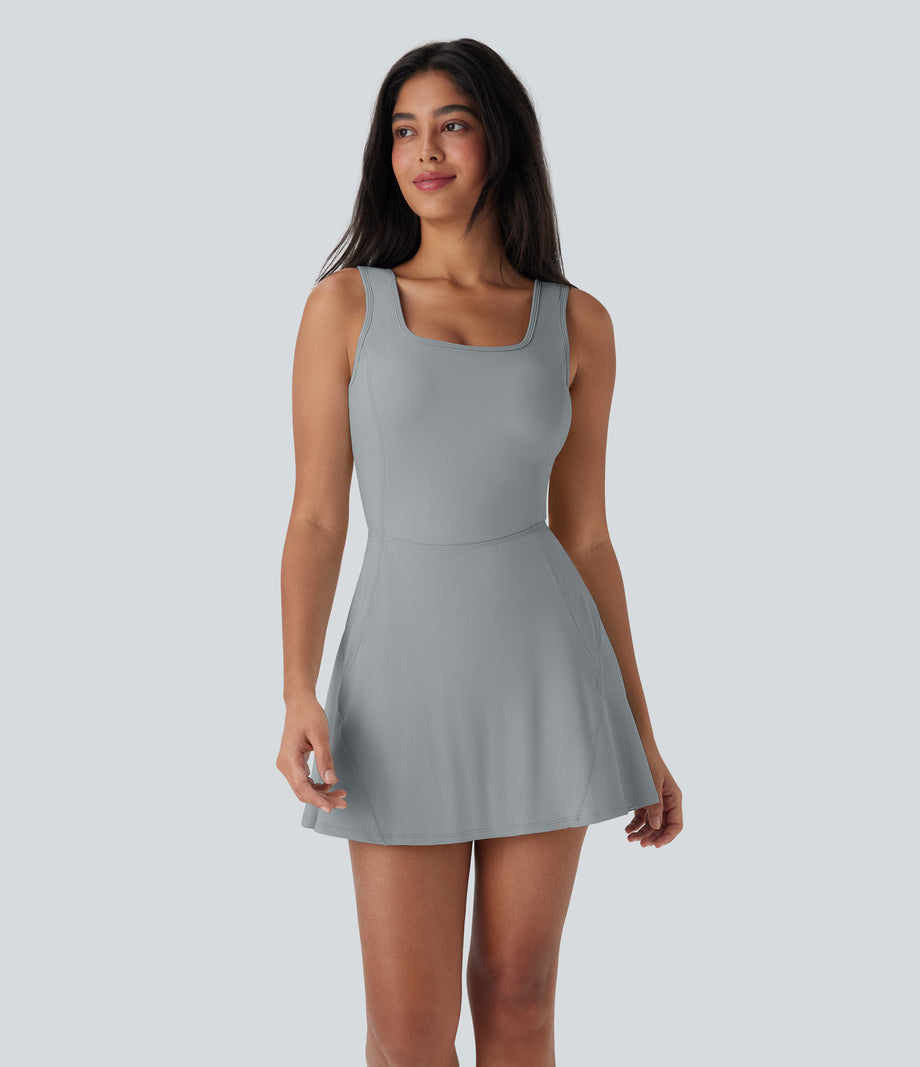 SoftlyZero™ Airy U Neck 2-in-1 Pocket Mini Cool Touch Dance Active Dress-Easy Peezy - Quarry