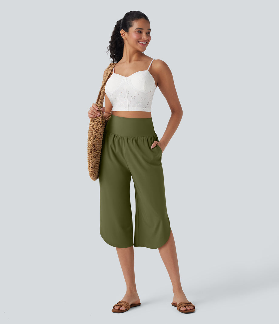 Breezeful™ High Waisted Tummy Control Hem Quick Dry Capri Pants with Pockets - Sphagnum