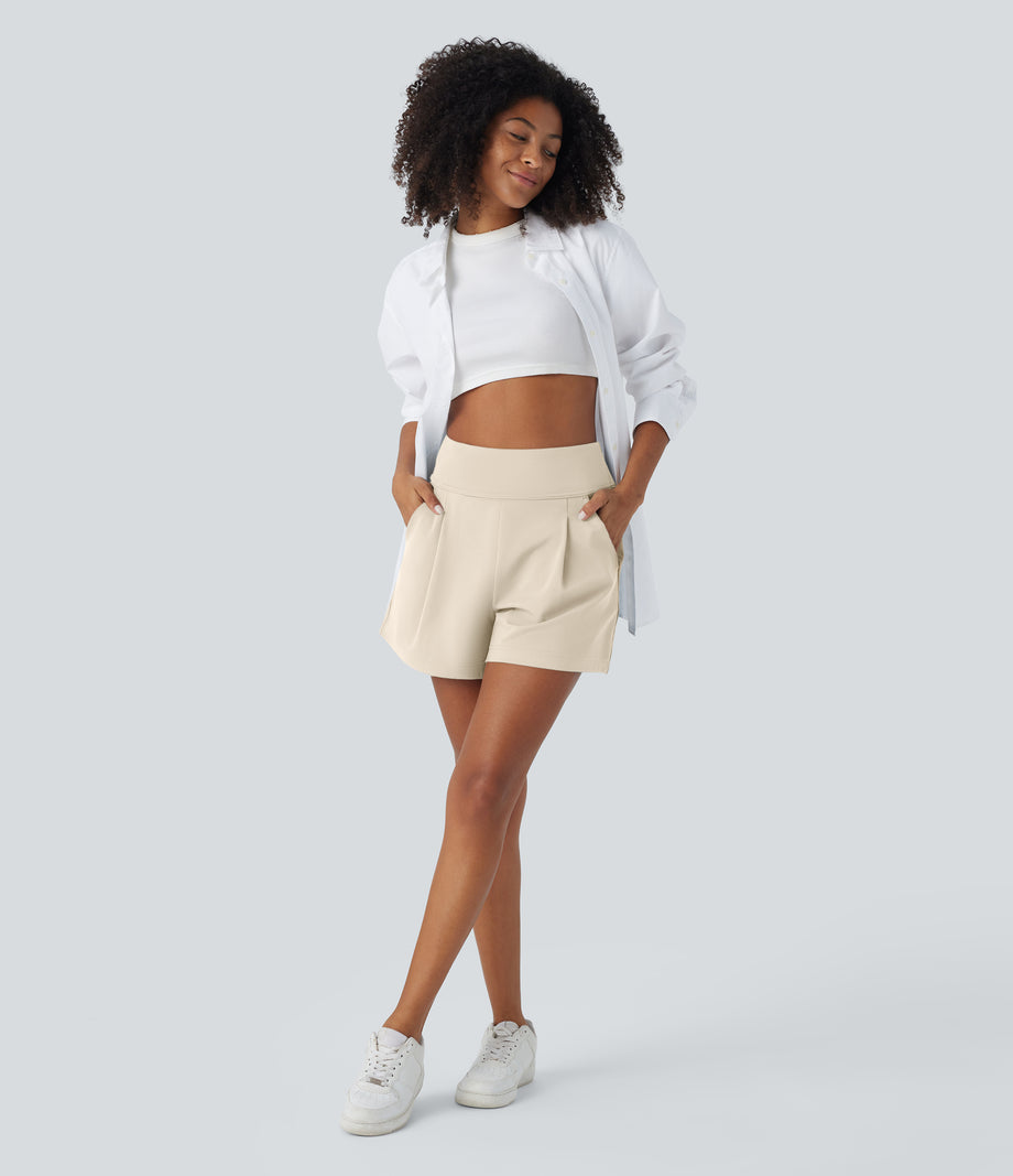 DayStretch High Waisted Work Baggy Shorts 4'' with Pockets - Oat Milk