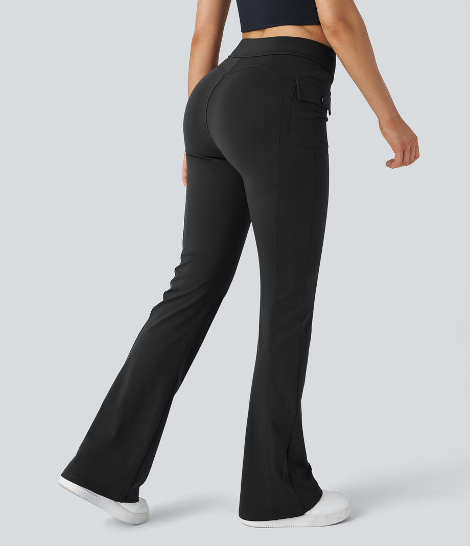 High Waisted Side Flap Pocket Flare Casual Cargo Pants - Black
