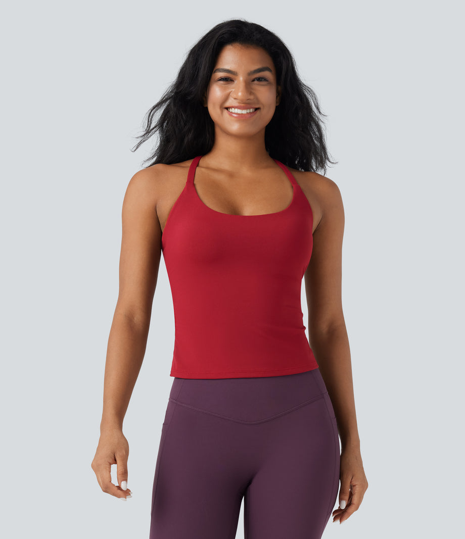 Scoop Neck Crisscross Back Crossover Hem Yoga Cami Top - Scarlet Sage