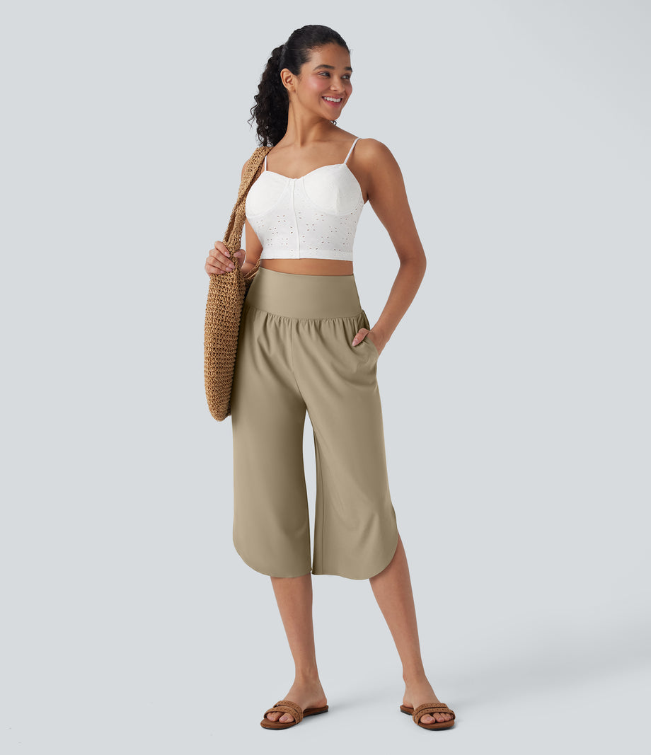 Breezeful™ High Waisted Tummy Control Hem Quick Dry Capri Pants with Pockets - Fields of Rye