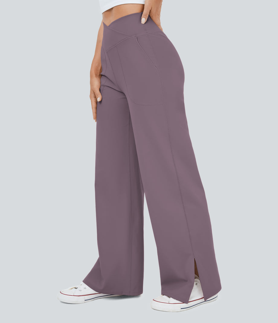 DayStretch Crossover Pocket Hem Wide Leg Yoga Pants-Smile - Nebula Purple