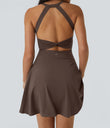 SoftlyZero™ Airy Backless Twisted Flare Low Support Dance Active Dress-Longer Length-Easy Peezy Edition A-D Cups - Chocolate Martini