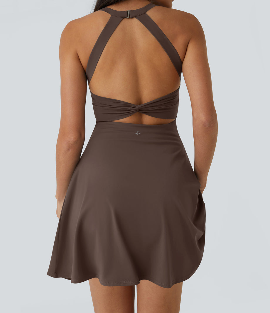 SoftlyZero™ Airy Backless Twisted Flare Low Support Dance Active Dress-Longer Length-Easy Peezy Edition A-D Cups - Chocolate Martini